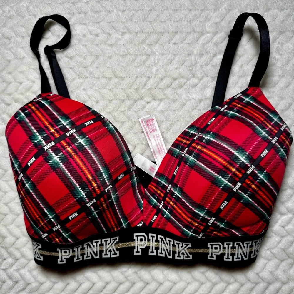 Victoria's Secret EUC Wear Everywhere Wireless Lightly Lined Red Plaid Bra 32DD